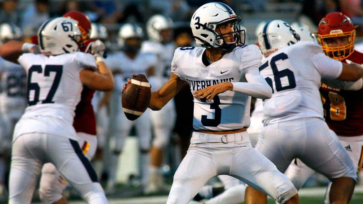 Chiawana’s JP Zamora (3) stands in the pocket preparing to throw a pass during a 2021 game at Lampson Stadium in Kennewick.