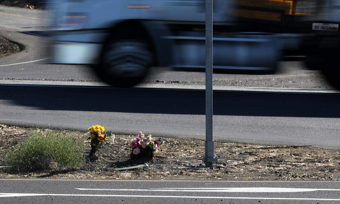 Flowers were placed as a memorial for the Kennewick mother and daughter killed recently in a crash at the Highway 395 intersection with Selph Landing and Crestloch Roads in Franklin County, about five miles north of Pasco. 