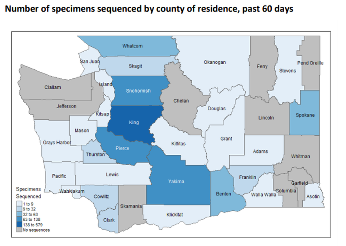 The distribution of genotyping done to identify variants of the COVID-19 in Washington state over the past 60 days is shown.
