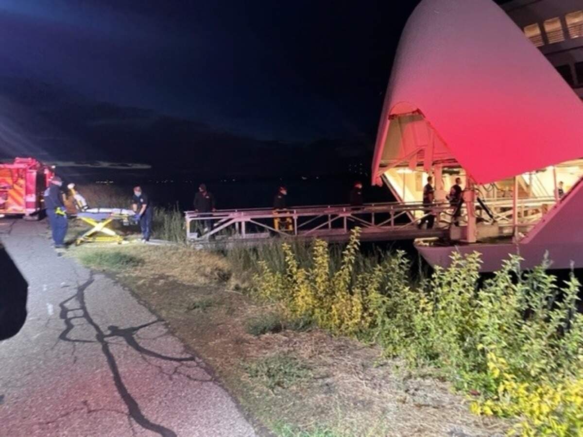 A Columbia River cruise ship beached itself near the blue bridge Friday night.