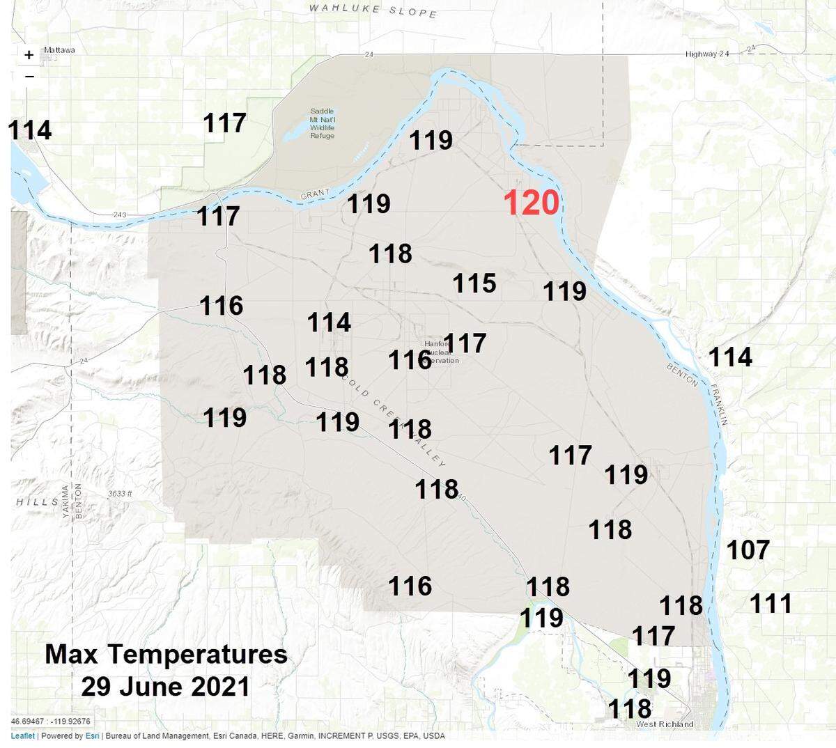 The new heat record for the state of Washington was set at the Hanford nuclear reservation near the Columbia River on June 29, 2021.