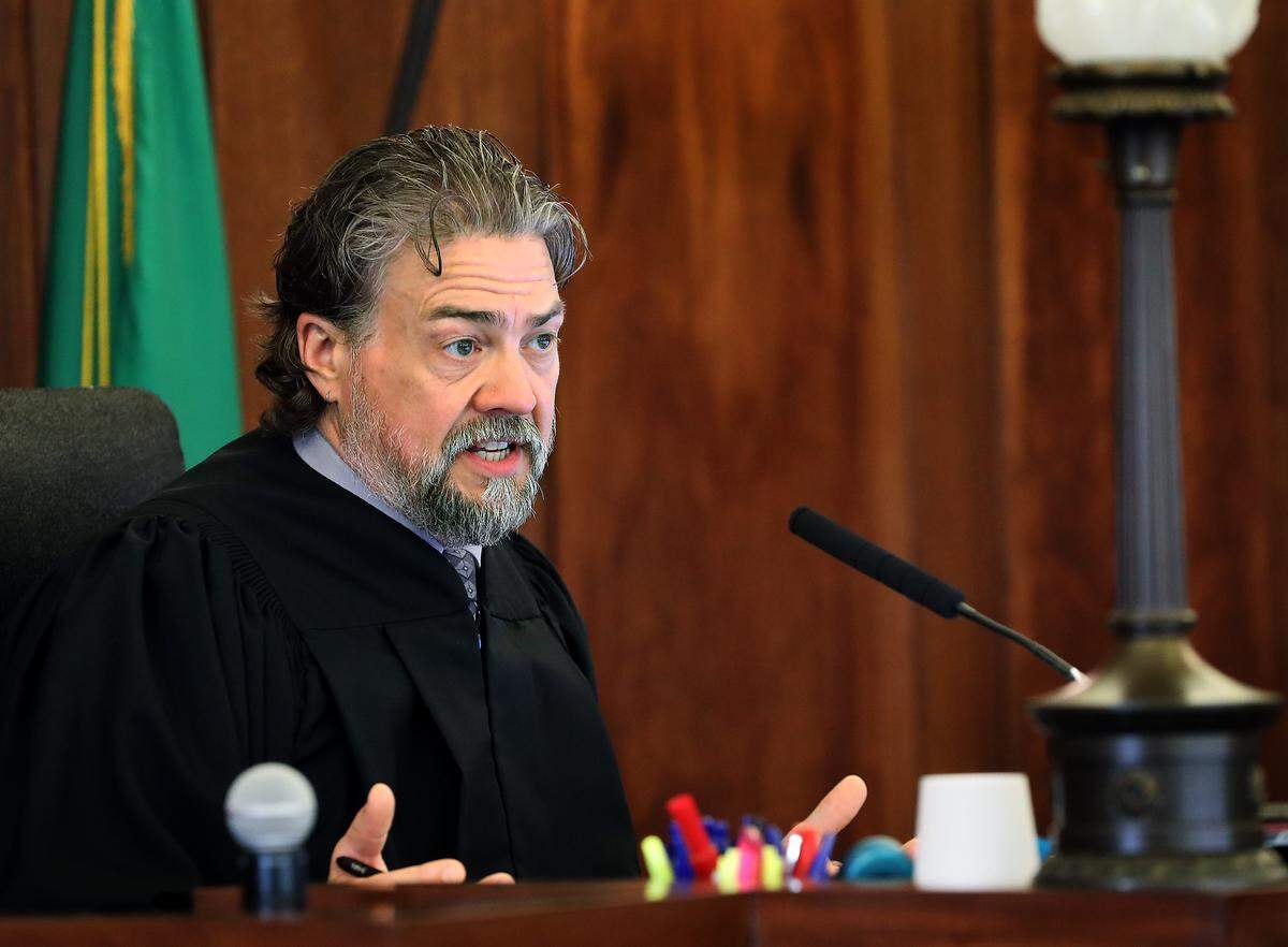 Walla Walla Superior Court Judge Brandon Johnson conducts Wednesday's court hearing at the Franklin County Courthouse in Pasco.