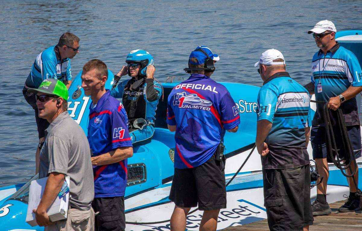 Jimmy Shane gets out of Miss HomeStreet after competing in the qualifiers during Water Follies. Shane is the top qualifying H1 unlimited hydroplane at the HAPO Columbia Cup hydro races on the Columbia River.
