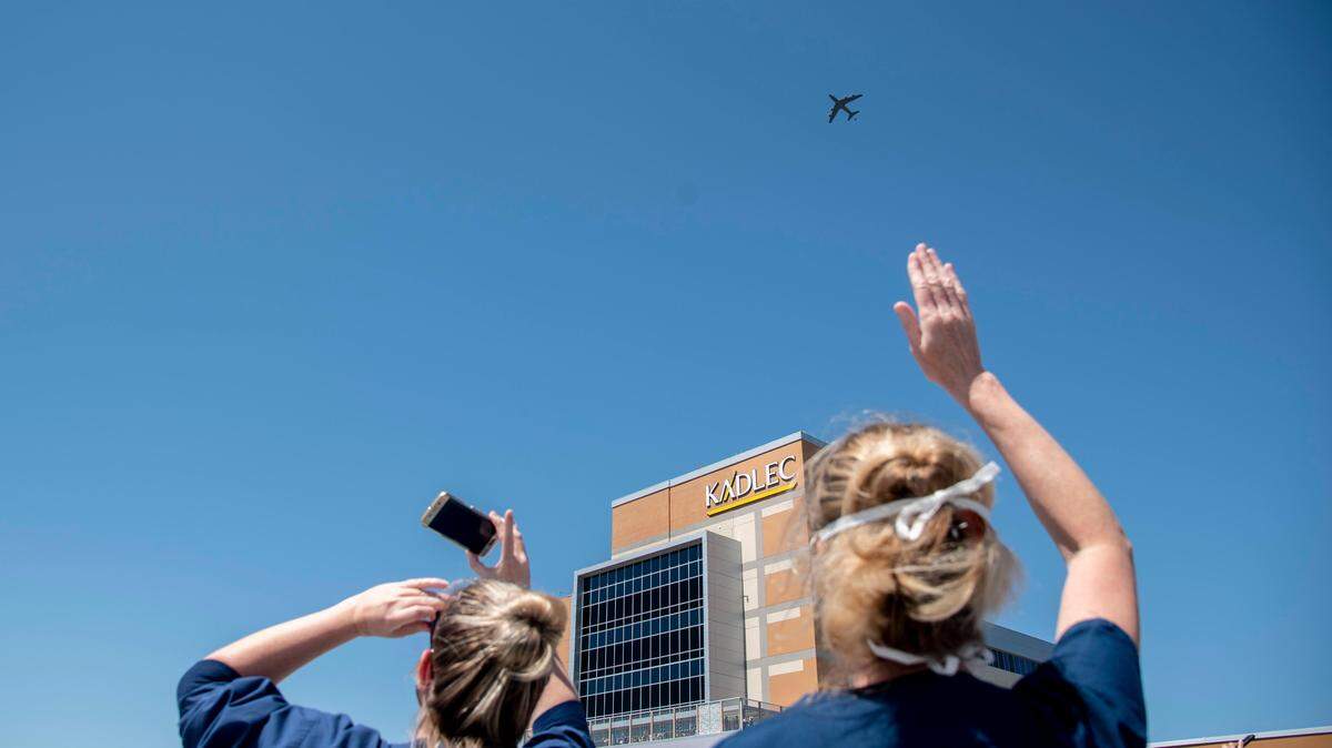 Two KC-135 Stratotankers based at Fairchild Air Force Base in Spokane fly over Kadlec Regional Medical Center in Richland on Friday to honor frontline workers as they battle the coronavirus pandemic.