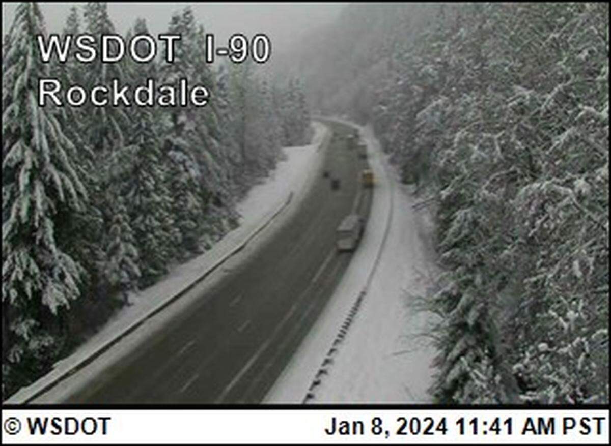 Live camera footage from the Washington State Department of Transportation can be accessed online for updated views of state passes. Shot of I-90 at Rockdale (Milepost 49.3) at 11:41 a.m. on Jan. 8, 2024.