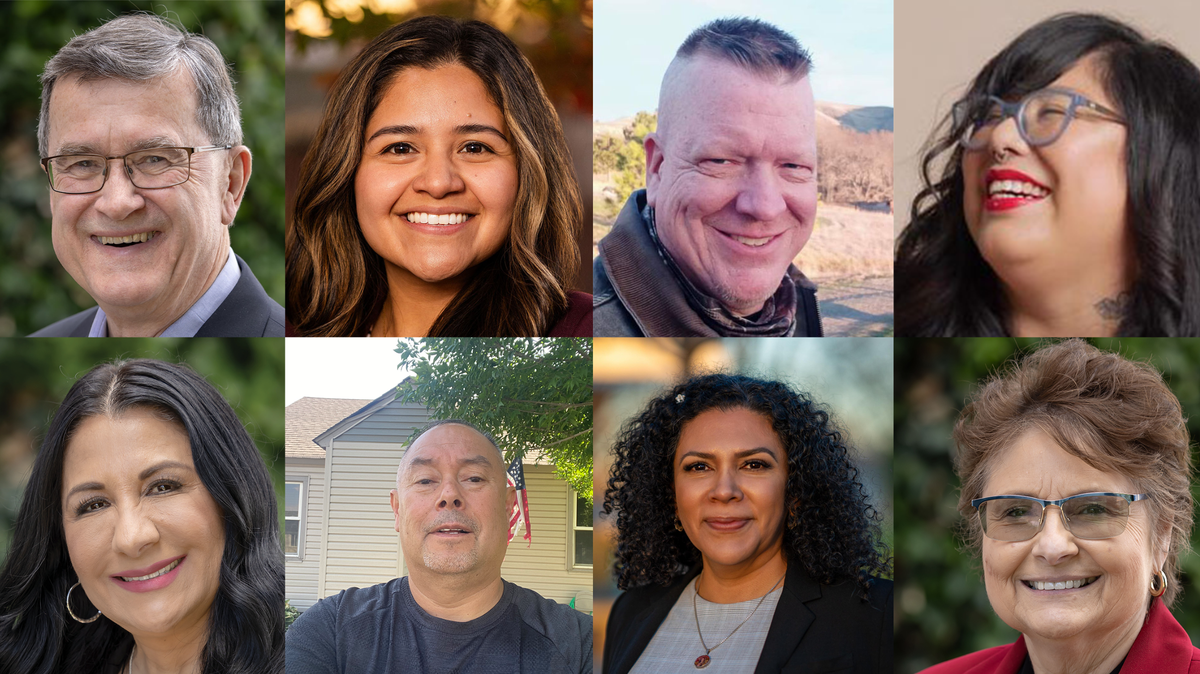Primary candidates for Washington’s 14th Legislative District. Clockwise, from top left, they are Republican Curtis King, Democrat Maria Beltran, Republican Andy Kallinen, Democrat Chelsea Dimas, Republican Deb Manjarrez, Democrat Anna Ruiz Kennedy, independent Eddie Perez and Republican Gloria Mendoza.
