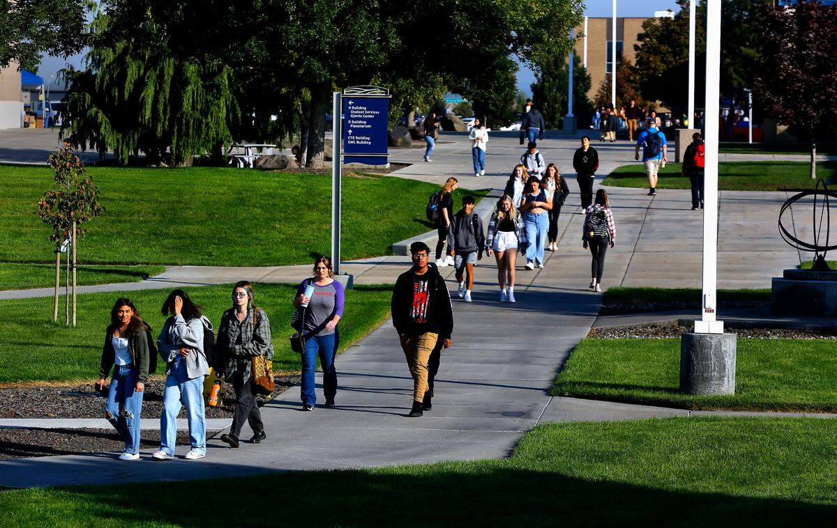 Students walk across the Columbia Basin College campus in Pasco.
