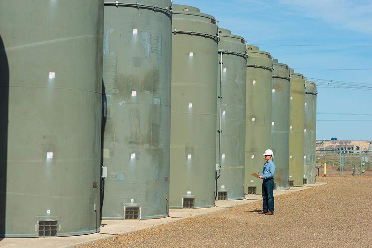 Energy Northwest has concrete and steel storage cylinders a Columbia Generating Station near Richland, Wash., to hold spent fuel from the nuclear reactor.
