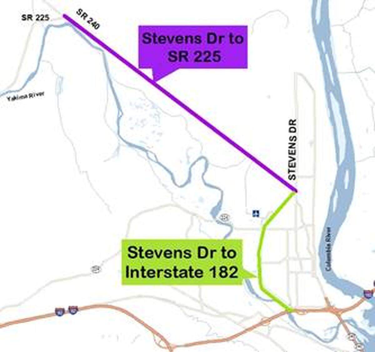 The Washington state Department of Transportation is looking for traffic solutions on the bypass highway, shown in green, and a stretch of Highway 240, shown in purple.