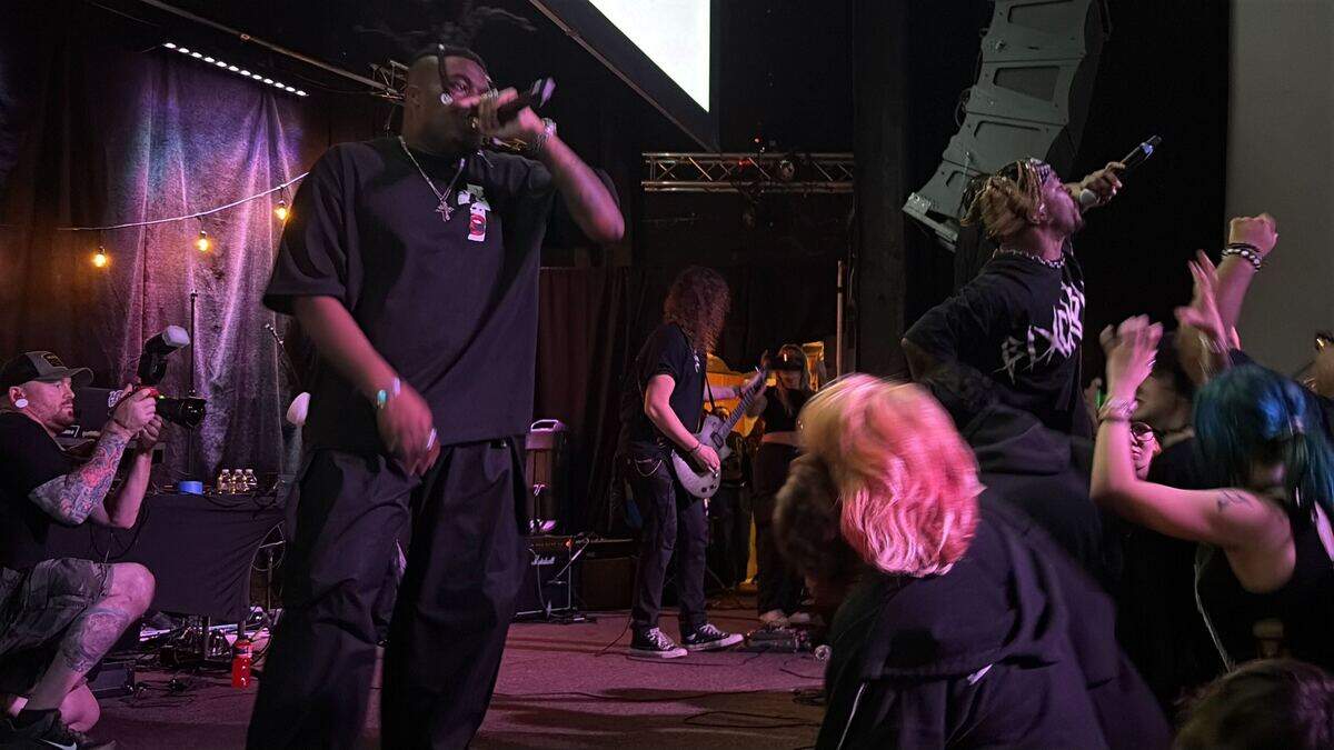 Hip-hop duo with hardcore influences BLXCKPUNKS perform for a raucous crowd at the PUNKS WEAR BLXCK show at Richland’s Uptown Theatre on June 6. The duo served as co-organizers for the event that drew some backlash from the Tri-Cities music scene.