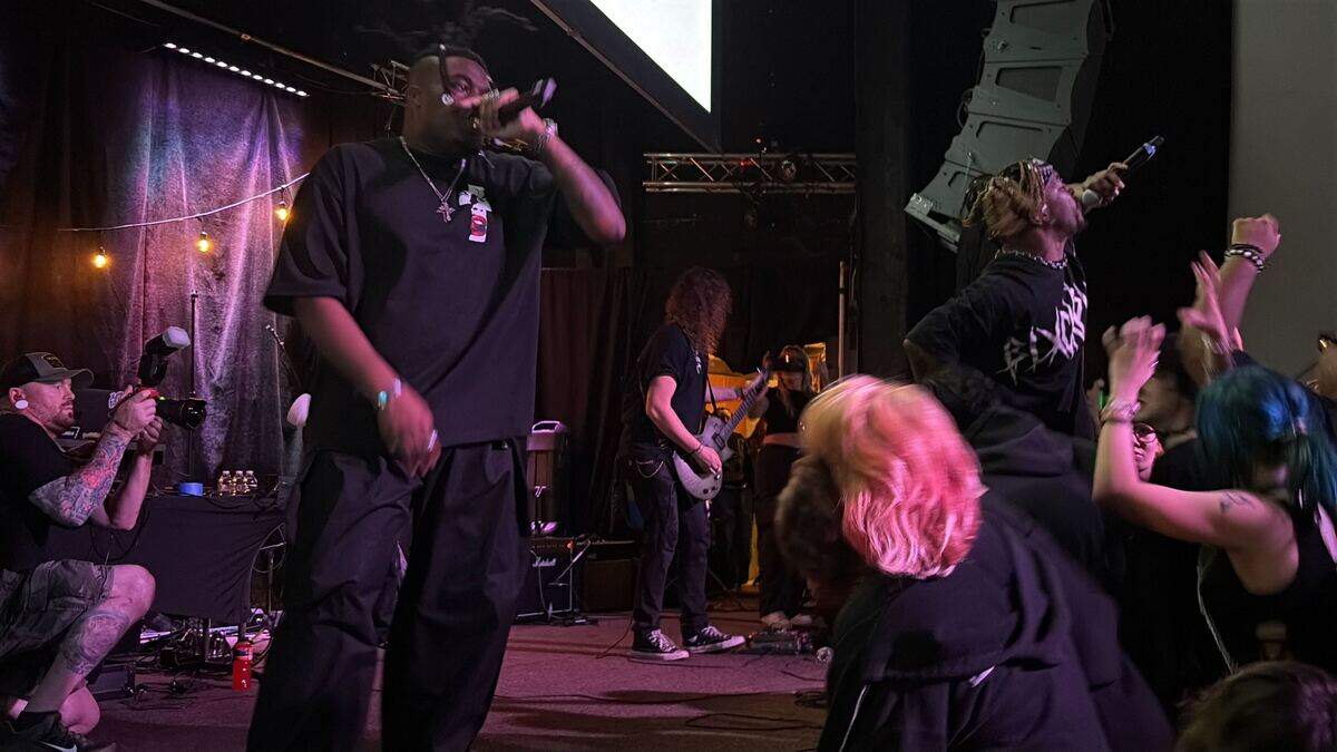 Hip-hop duo with hardcore influences BLXCKPUNKS perform for a raucous crowd at the PUNKS WEAR BLXCK show at Richland’s Uptown Theatre on June 6. The duo served as co-organizers for the event that drew some backlash from the Tri-Cities music scene.