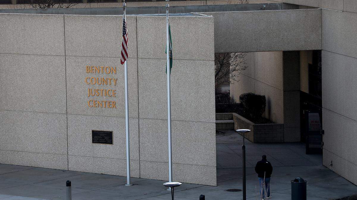 The main entrance to the Benton County Justice Center in Kennewick.