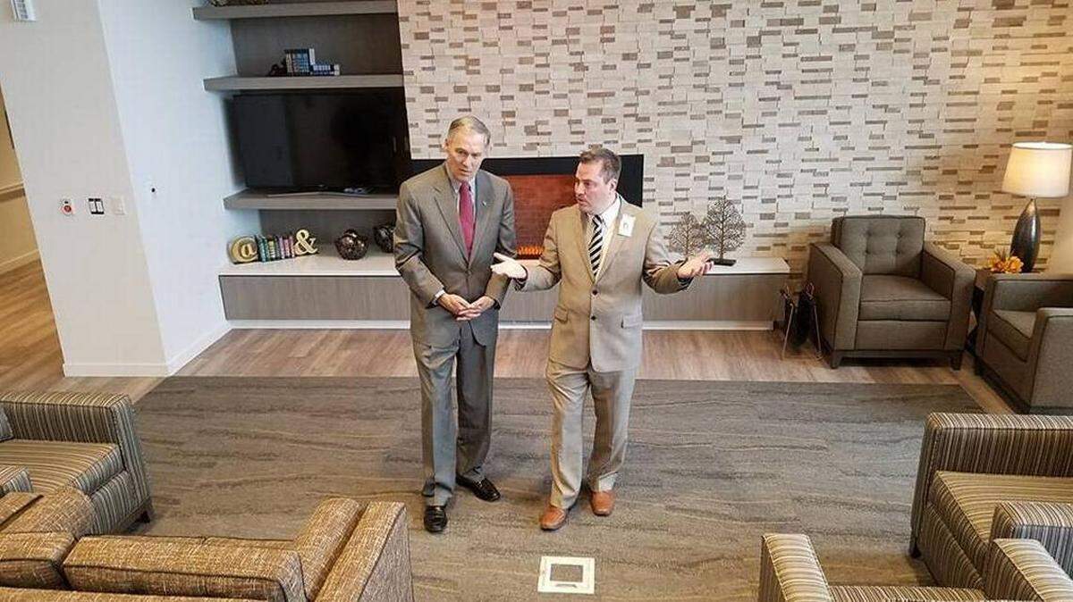 Washington state Gov. Jay Inslee, left, toured the Walla Walla Veterans Home on the campus of the Jonathan M. Wainwright Memorial VA Medical Center just before it opened in February 2017.