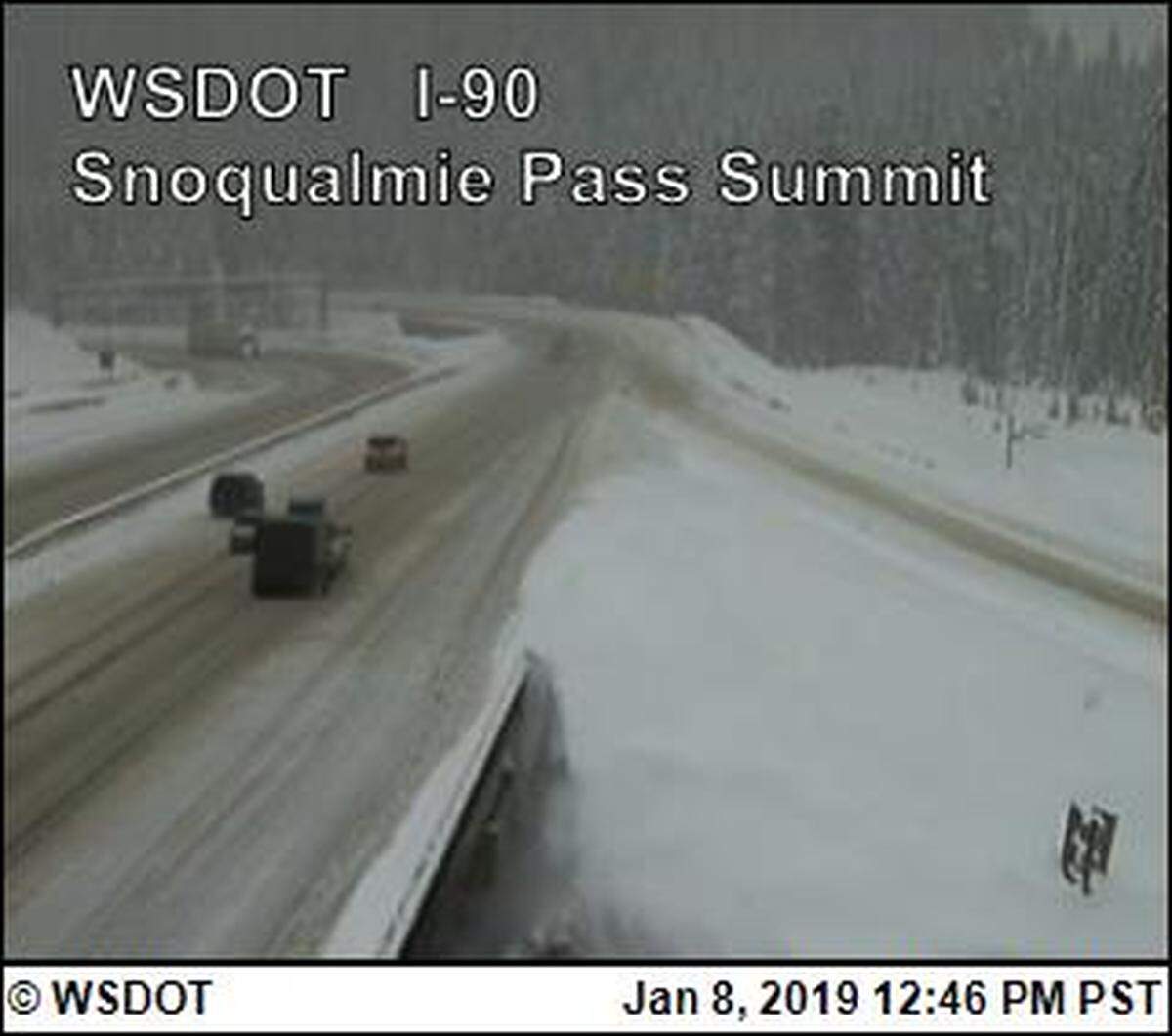 Chains were required for all trucks and cars on Interstate 90 at Snoqualmie Pass on Tuesday.