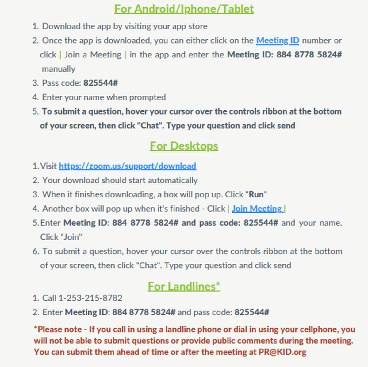 Instructions for joining the KID virtual meeting.