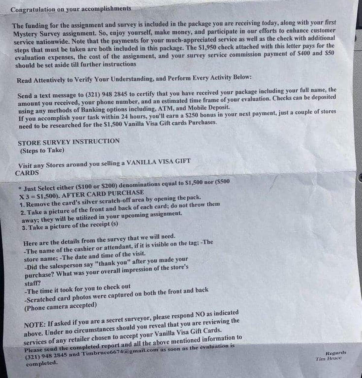 The Benton County Sheriff’s Office shared this letter from an apparent scam artist claiming to offer a $400 payout for just buying a gift card.