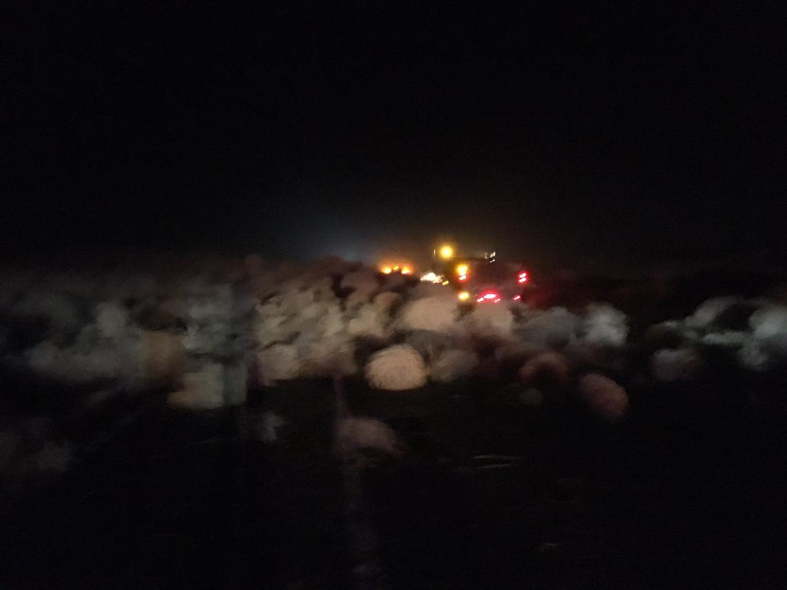Blowing tumbleweeds on Highway 240 had to be cleared from the closed roadway with plow trucks.