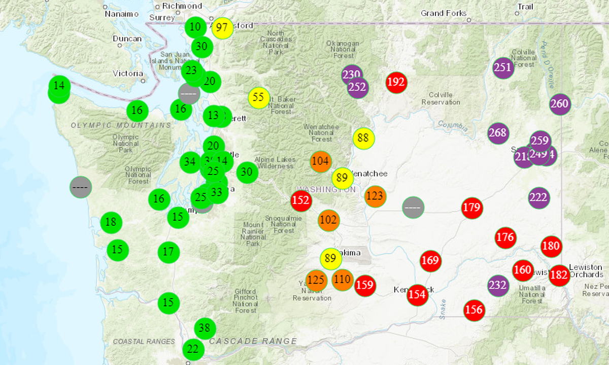Smoke fouled Eastern Washington air Tuesday morning. Purple dots are very unhealthy air, red are unhealthy, orange are unhealthy for sensitive groups, yellow is moderate and green is good.