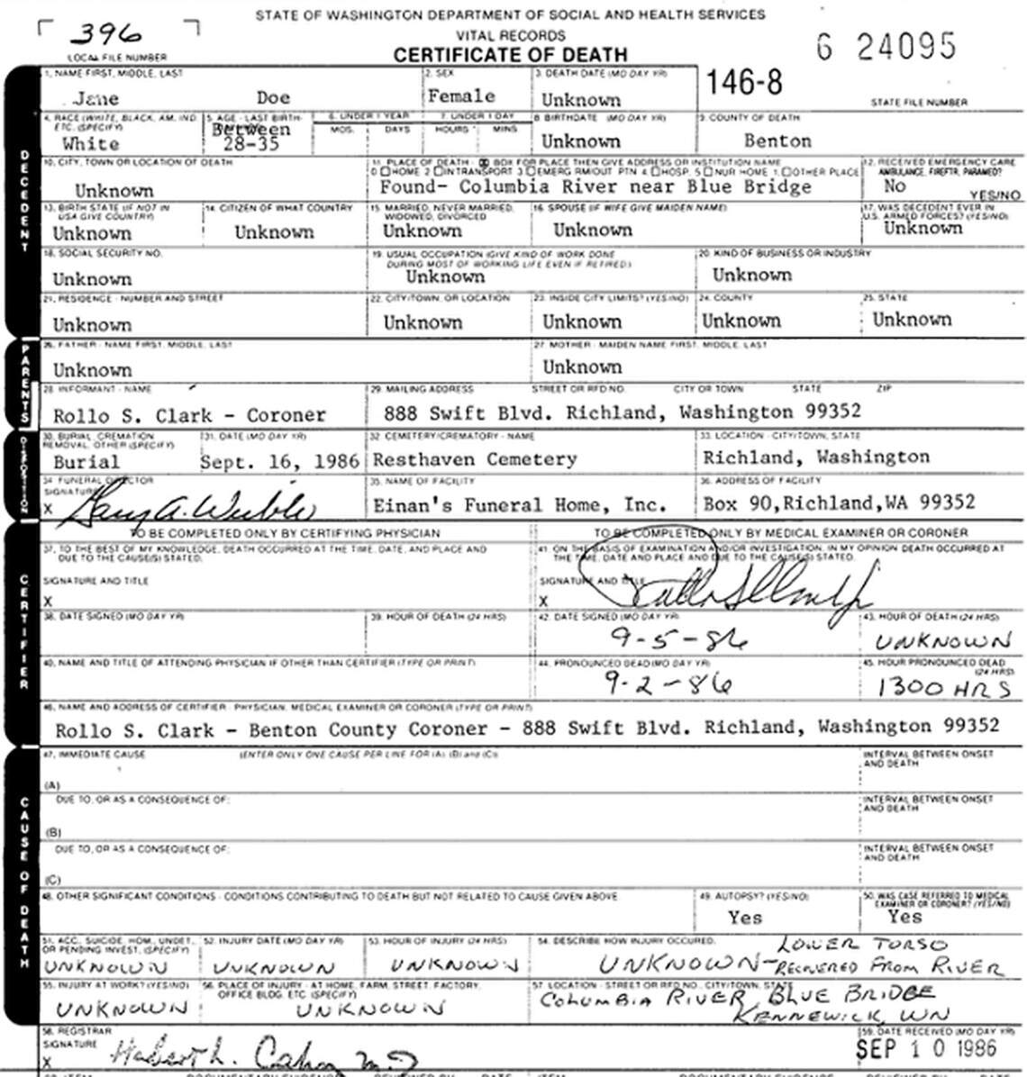 Unidentified woman to be exhumed in Richland for DNA test | Tri-City Herald