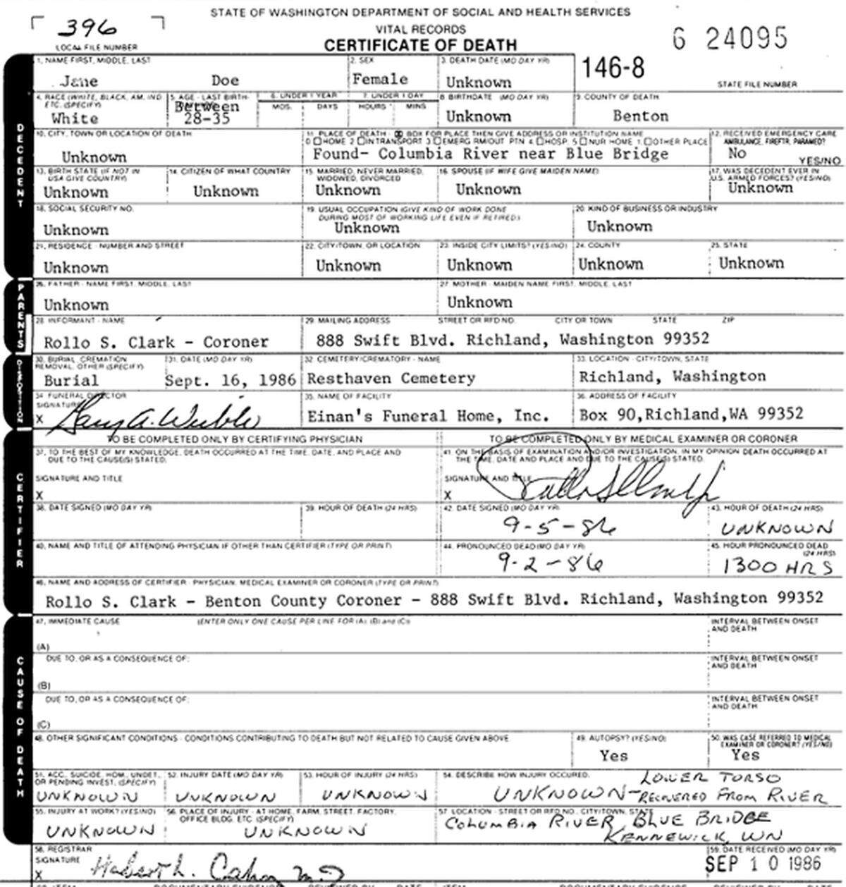 The death certificate for the unidentified woman has few details.