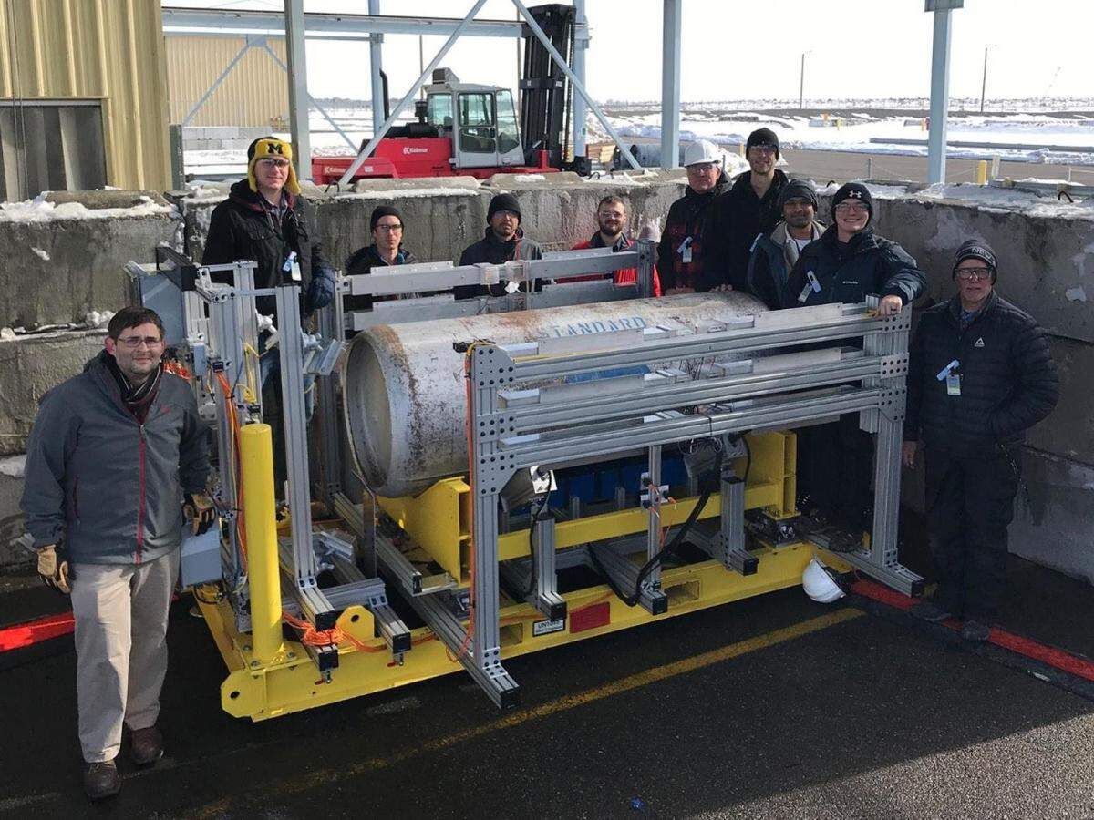 PNNL staff members and collaborators from Los Alamos and Oak Ridge National Laboratories gathered in Richland in 2019 for a field trial of the Unattended Cylinder Verification Station prototype. The automated system to verify nuclear materials was shipped this summer to Vienna Austria for further testing.