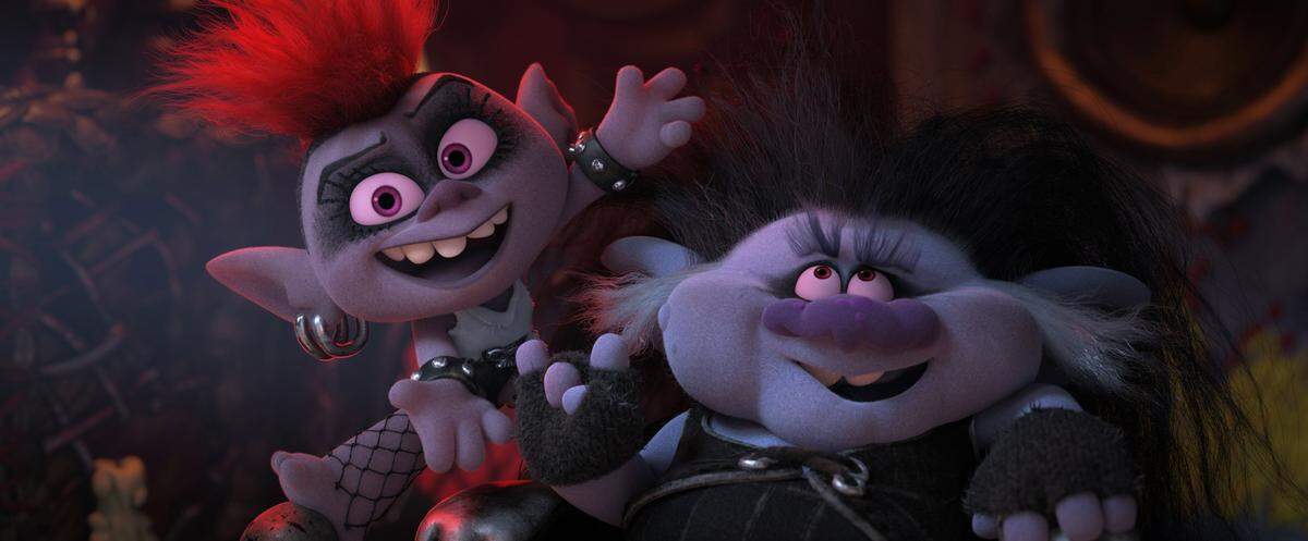 This image released by DreamWorks Animation shows characters Barb, voiced by Rachel Bloom and King Thrash, voiced by Ozzy Osbourne in a scene from “Trolls World Tour.”