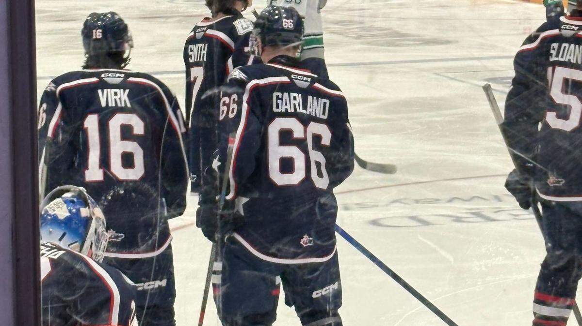 Skaters Savin Virk, Jackson Smith, Gavin Garland and Jake Sloan on the ice during the March 11 game against the Seattle Thunderbirds.