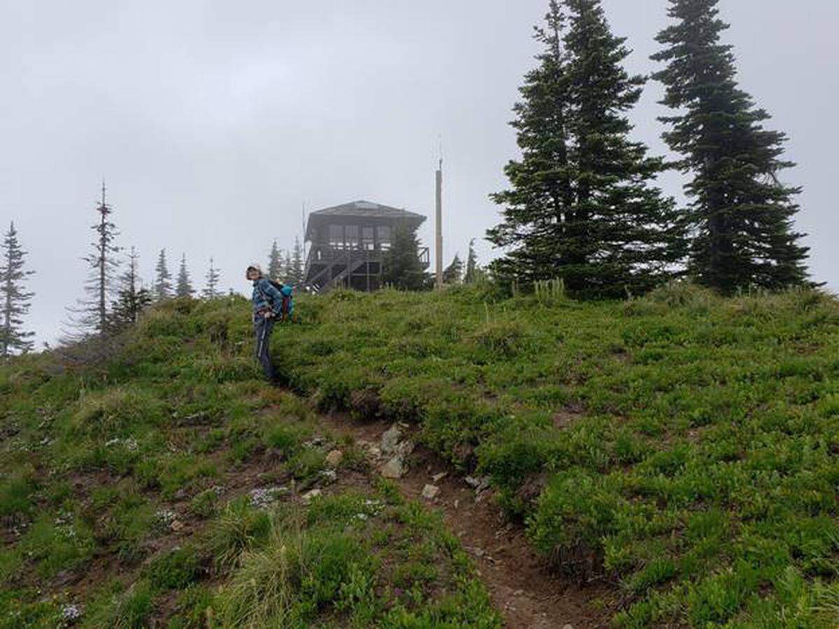 Fire lookout in the clouds on Shriner Peak.