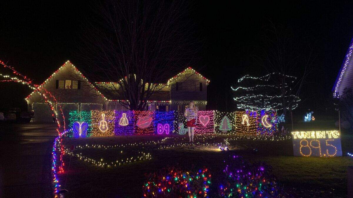 The front yard at 3702 Mt. Baker Court in West Richland is made to look like the Eras Tour stage, with a mannequin Taylor Swift prominently displayed.