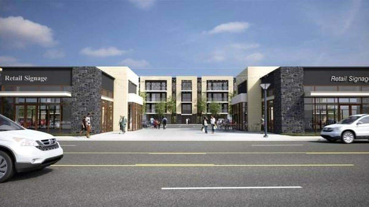 Park Place will be a four-story retail and apartment complex bordering Howard Amon Park in Richland. A pair of retail buildings will front George Washington Way, with a courtyard between them and the apartment building.