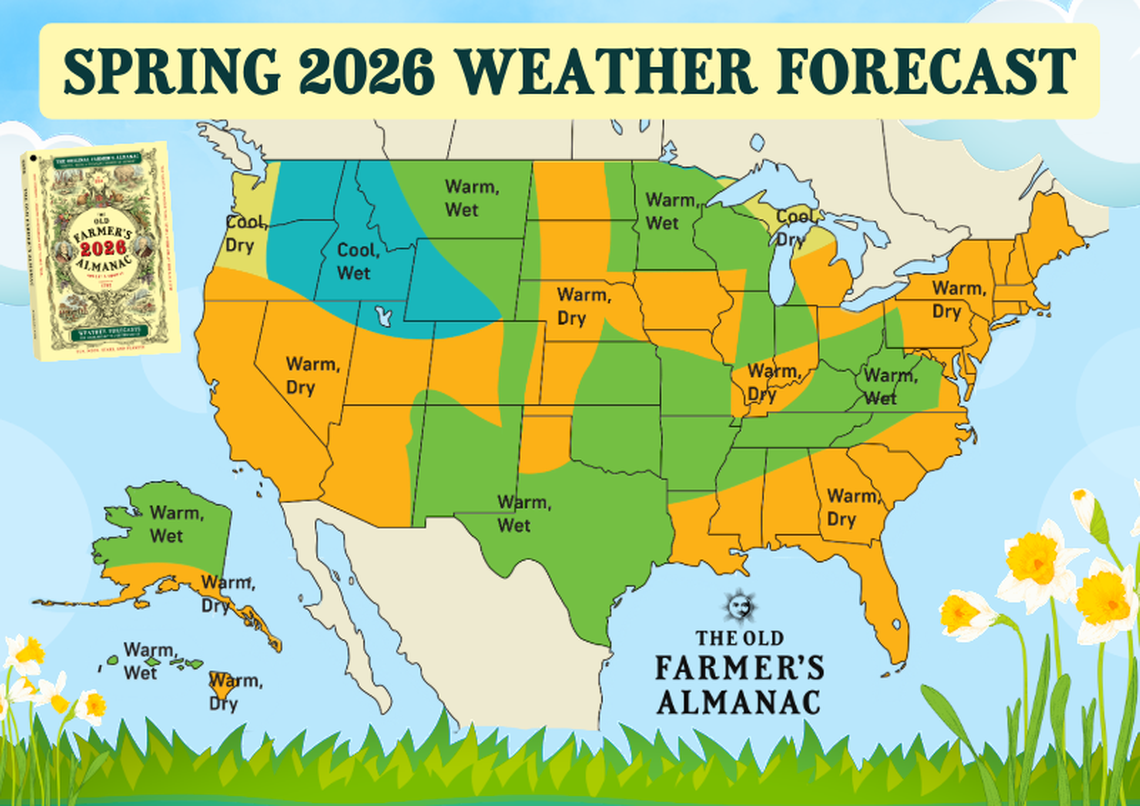The current spring 2026 outlook from the Old Farmer’s Almanac shows a cool, wet season for Eastern Washington.