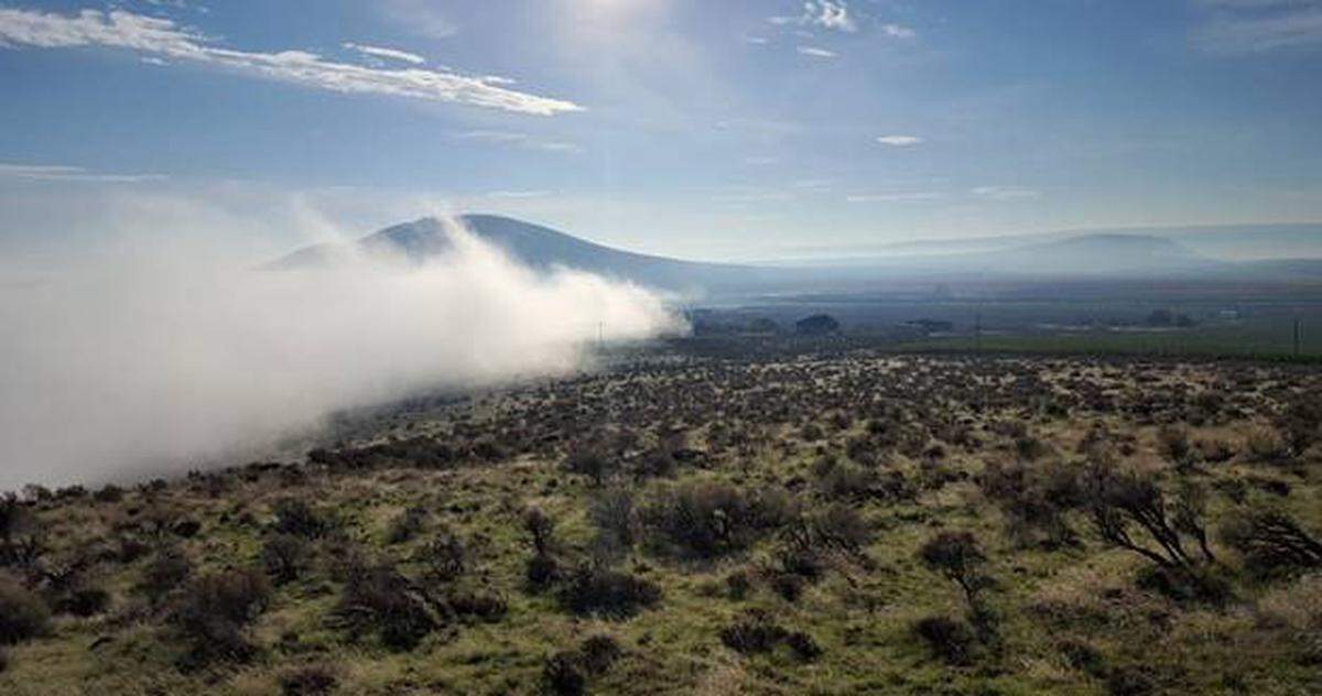Badger Mountain peeks through fog in the valley from the Candy Mountain Trail.