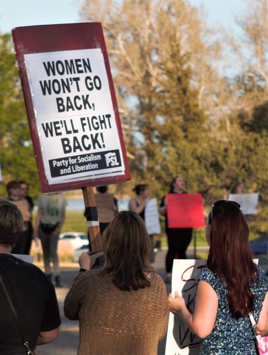 Hundreds of people demonstrated in support of abortion rights at John Dam Plaza in Richland on Wednesday evening.