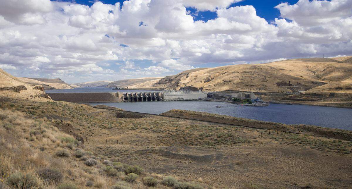 Little Goose Dam construction started on the Snake River near Starbuck in June 1963. It is 2,655 feet long with an effective height of about 100 feet. It has six turbines.