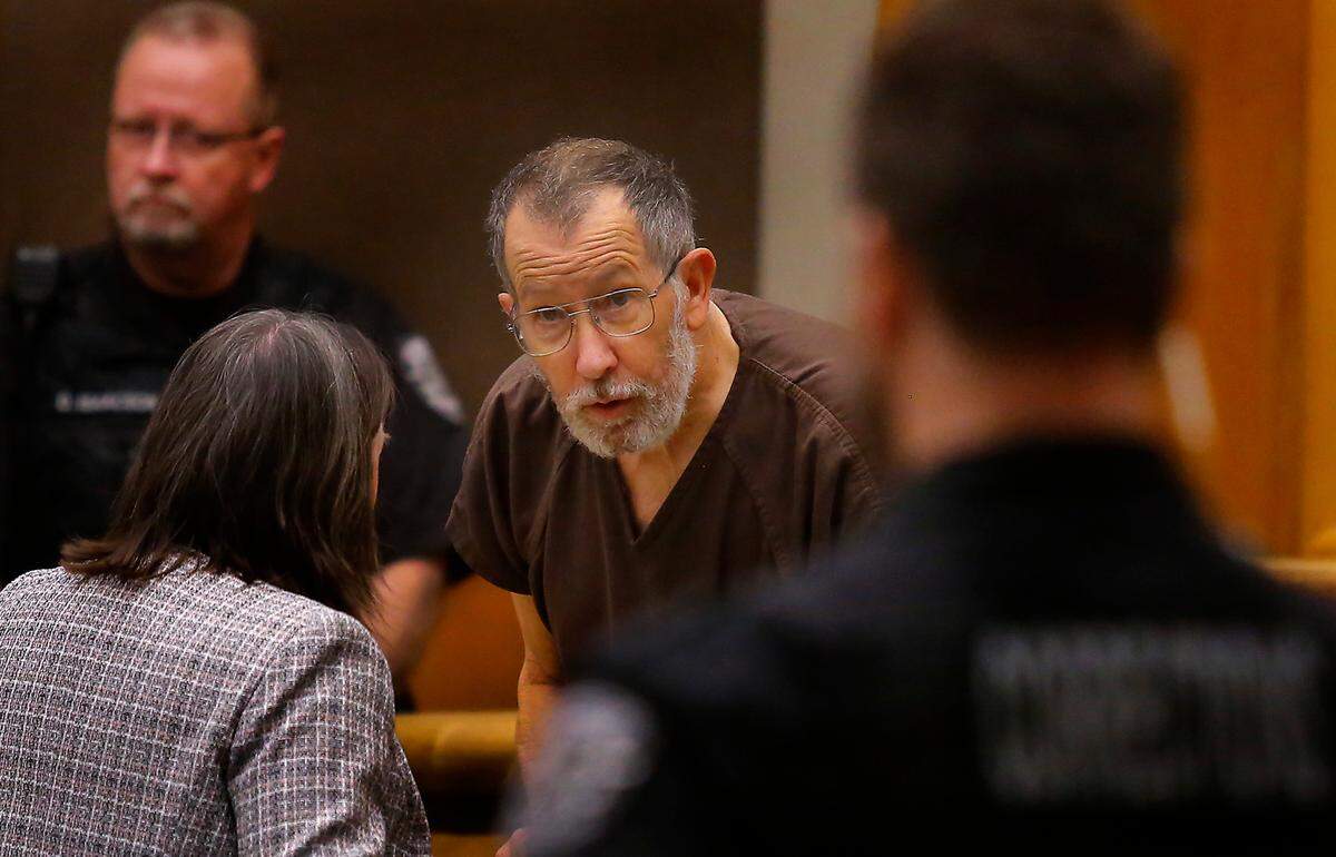 Murder suspect Brian Wilcox talks with his attorney Shelley Ajax following a hearing Thursday in Benton County Superior Court in front of Judge Alex Ekstrom.