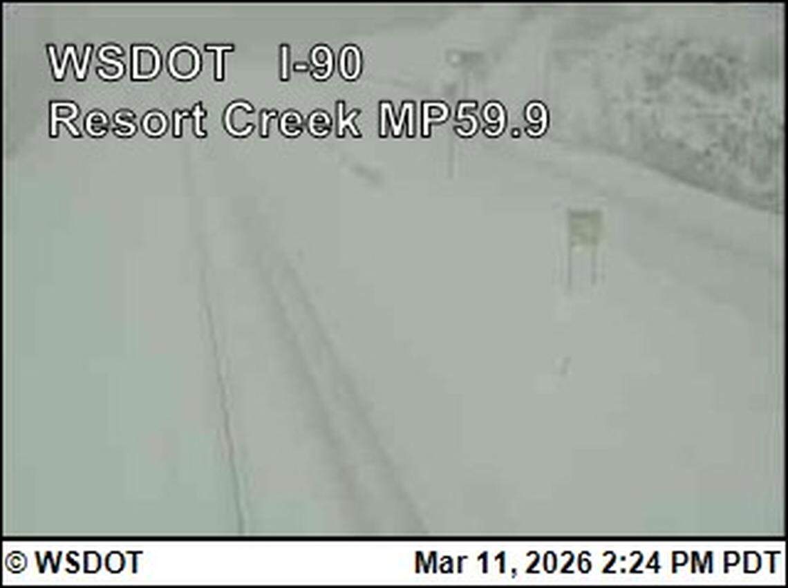 A road cam on Interstate 90 Wednesday afternoon shows the snowy roadway that led to the closure of about 60 miles of the interstate.