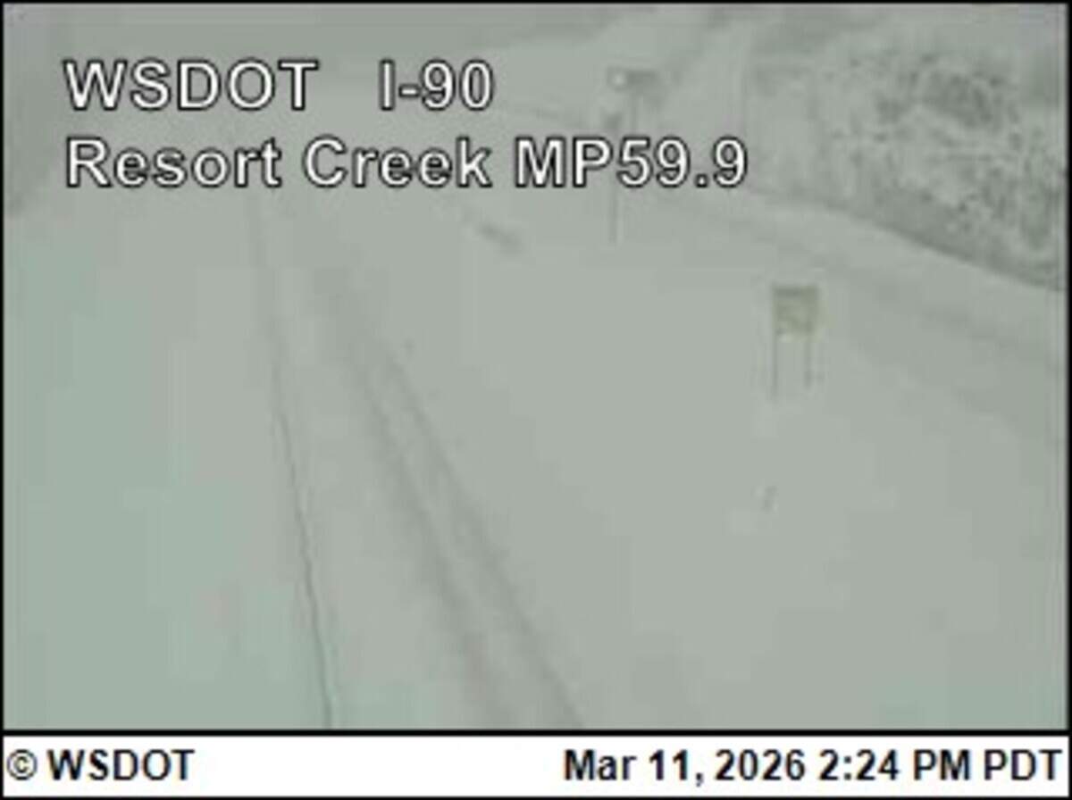 A road cam on Interstate 90 Wednesday afternoon shows the snowy roadway that led to the closure of about 60 miles of the interstate.
