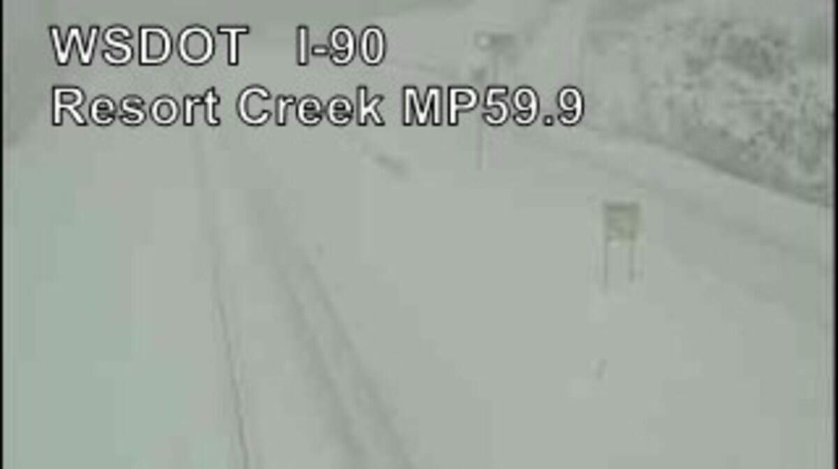 A road cam on Interstate 90 Wednesday afternoon shows the snowy roadway that led to the closure of about 60 miles of the interstate.