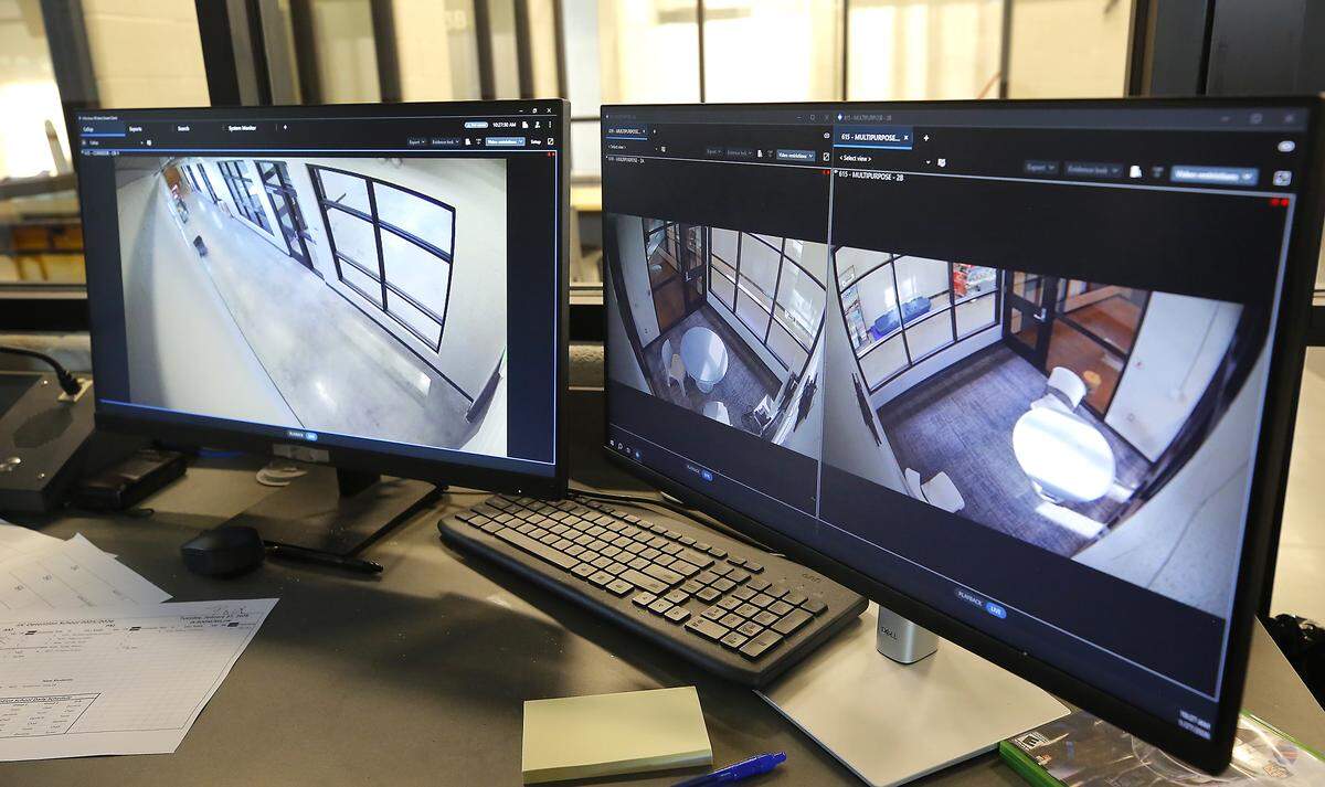 Video monitors in the master control room show various security camera views at the Benton County Juvenile Justice Cente
