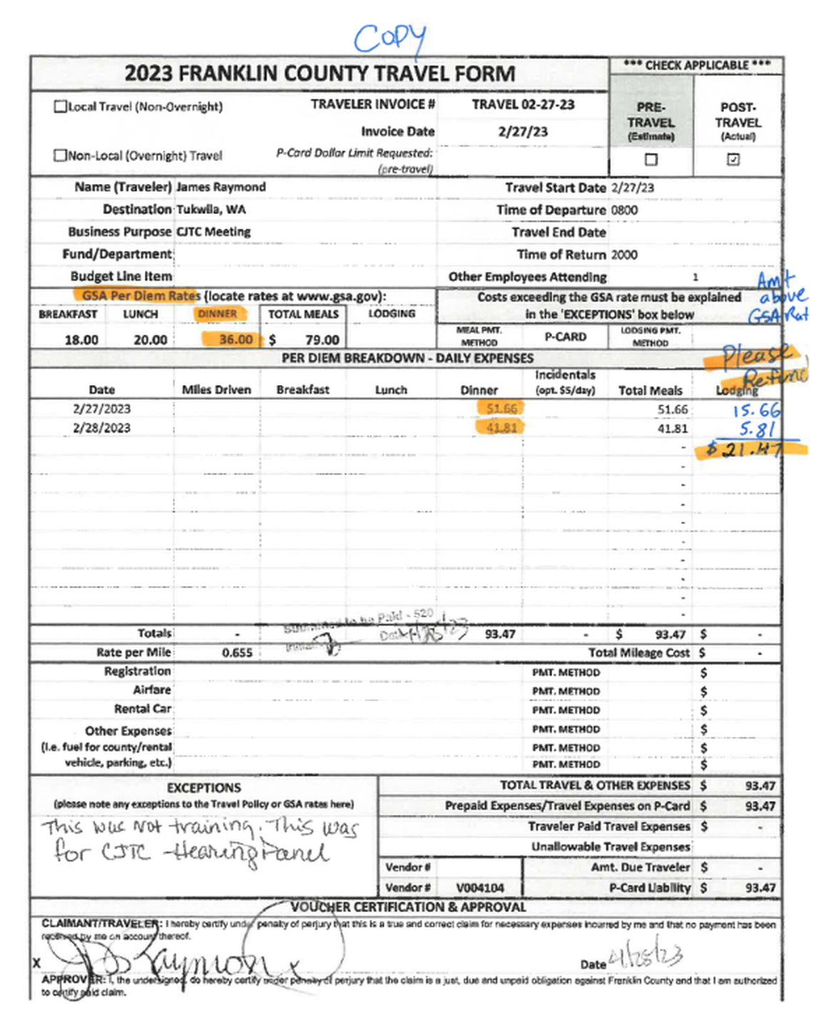 This image shows the form that Franklin County Sheriff Jim Raymond filled out for meal costs after a work related trip to the Seattle area.