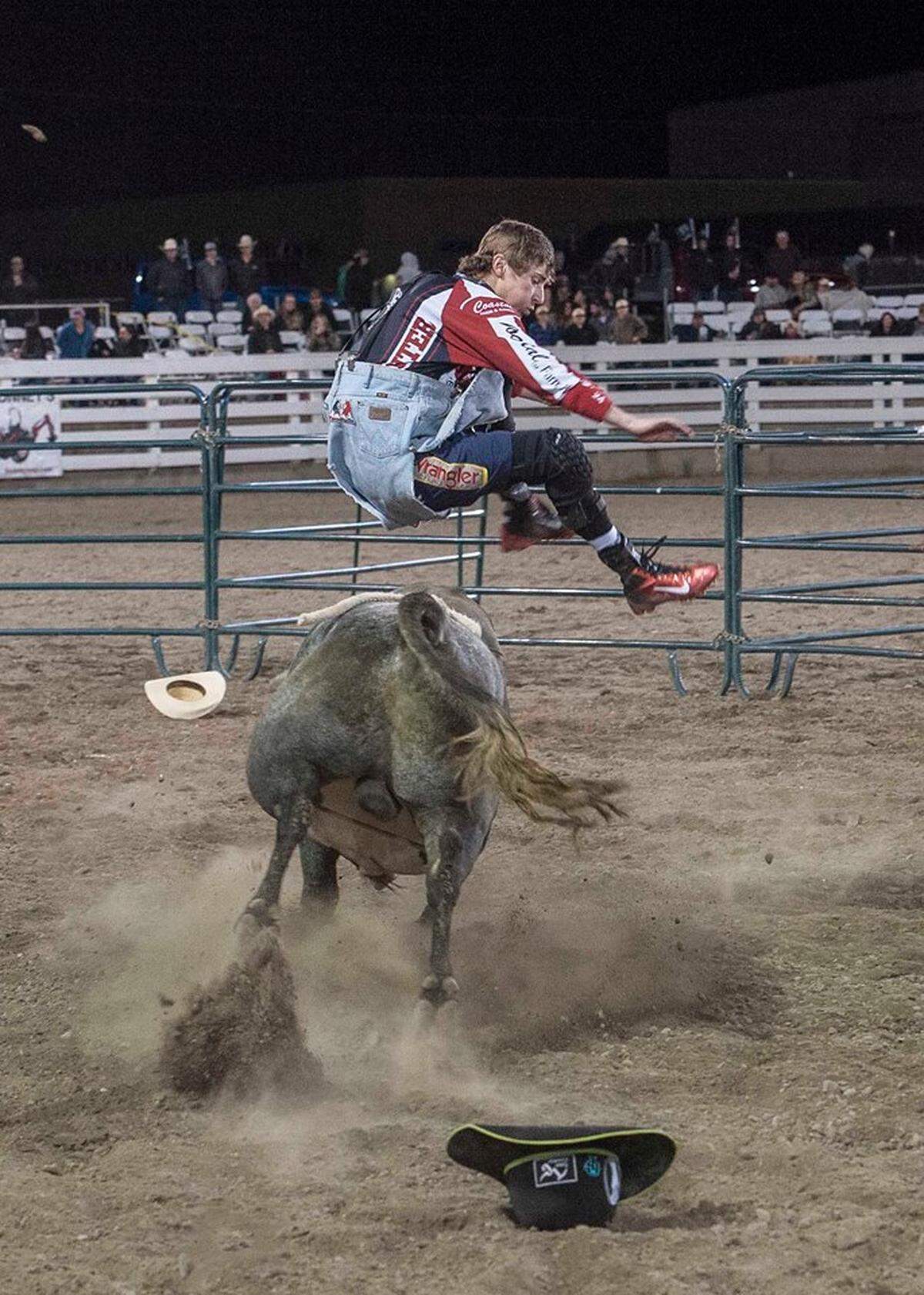 Miles Barry leaps over a bull named Murder Ink during a bullfighting event in Hermiston last spring. Barry, a senior at River View High School, is following his dad, Rowdy Barry, in becoming a bullfighter.