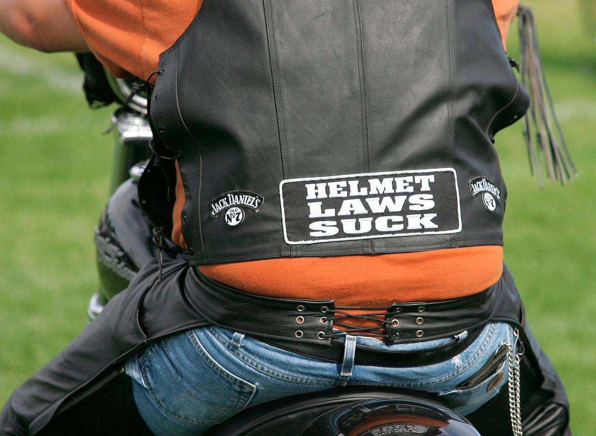 A motorcyclist wears a patch on his riding vest declaring his opinion of Washington state’s current mandatory motorcycle helmet law. Sen. Sharon Brown, R-Kennewick, is co-sponsoring Senate Bill 5007 that would lift the helmet law for riders over the age of 21.. Watch a video at: tricityherald.com/video