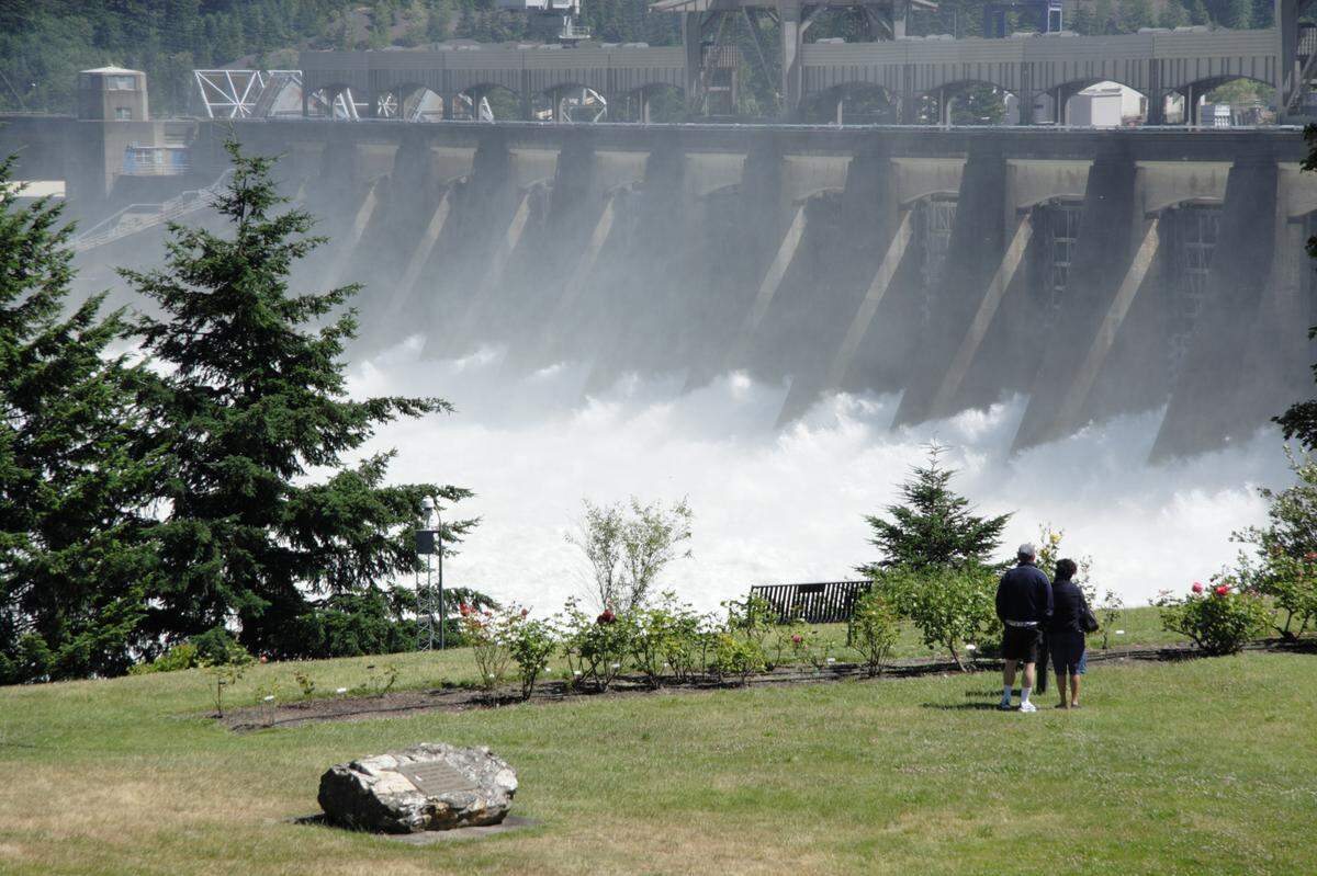 Bonneville Dam is east of Portland, Ore., and Vancouver, Wash., on the Columbia River.