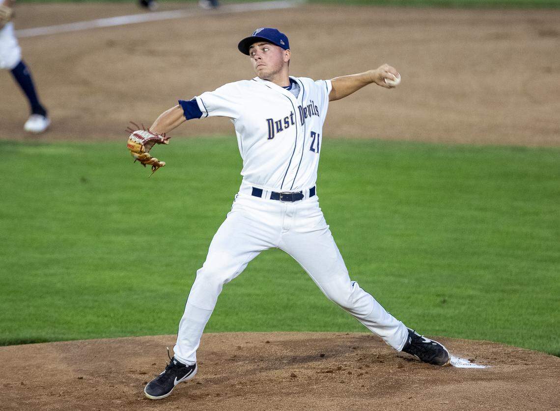 The Tri-City Dust Devils in Pasco could lose its affiliation with the MLB under a national proposal to cut 42 farm teams. Dust Devils pitcher Jason Blanchard (26) pitched in Game 4 of the Northwest League Finals at Gesa Stadium this season.