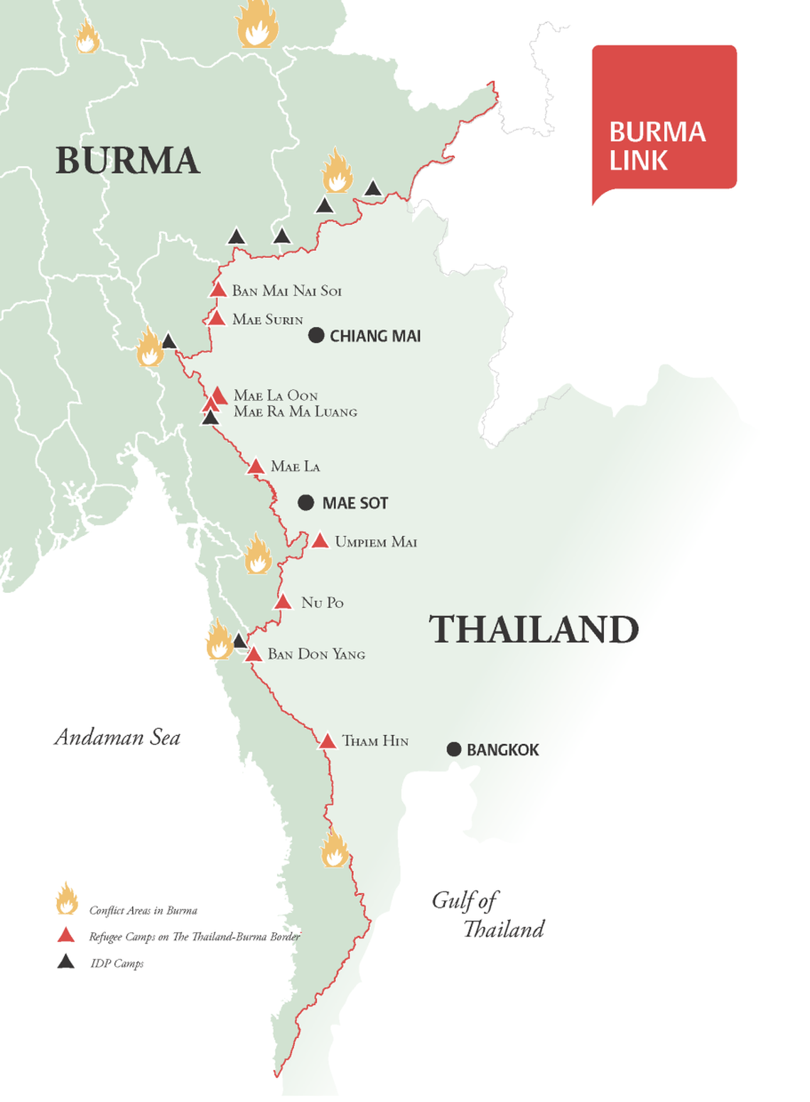 A map shows refugee camps along the border of Myanmar (Burma) and Thailand.
