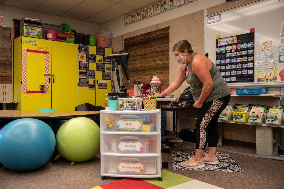 Alicia Anderson prepares her room at Livingston Elementary School in Pasco for teaching her first-graders remotely.