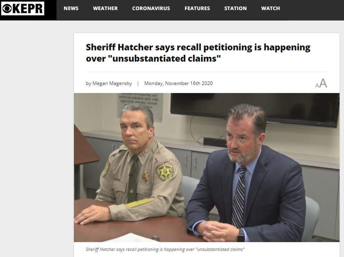 The allegations in the recent complaint include that Sheriff Jerry Hatcher used his staff and county email to schedule a recall news conference at his office with his lawyer, George Telquist.