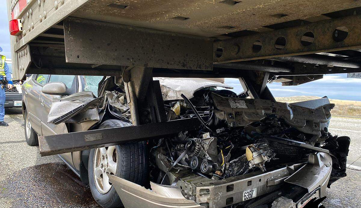 Trooper Chris Thorson posted this photo to social media in March from an injury collision involving a passenger vehicle and semi-truck on Interstate 82 near the Locust Grove interchange just south of Kennewick.