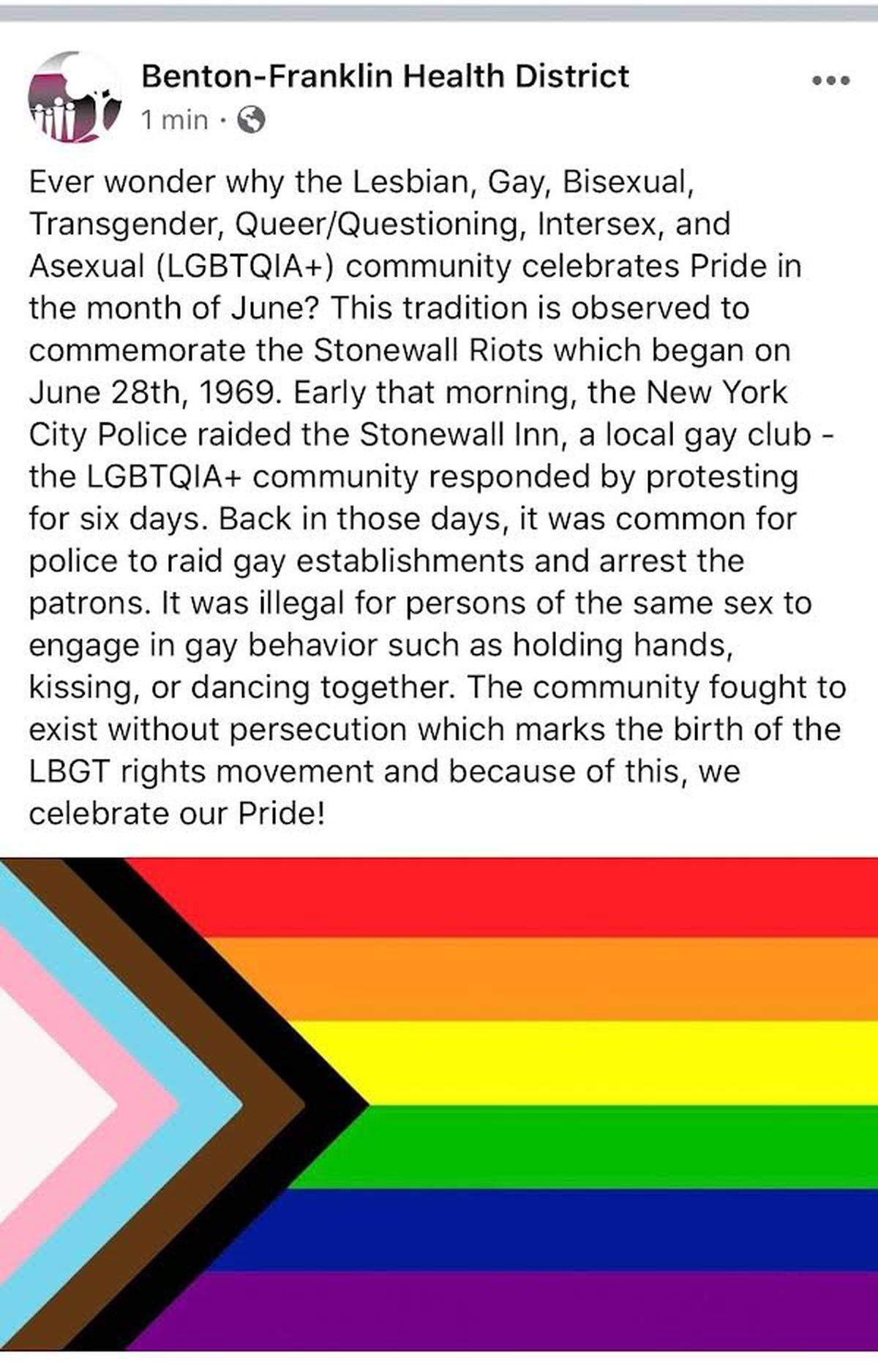 This Facebook post in June 2020 was removed by the Benton Franklin Health District after Franklin County commissioners objected to it.