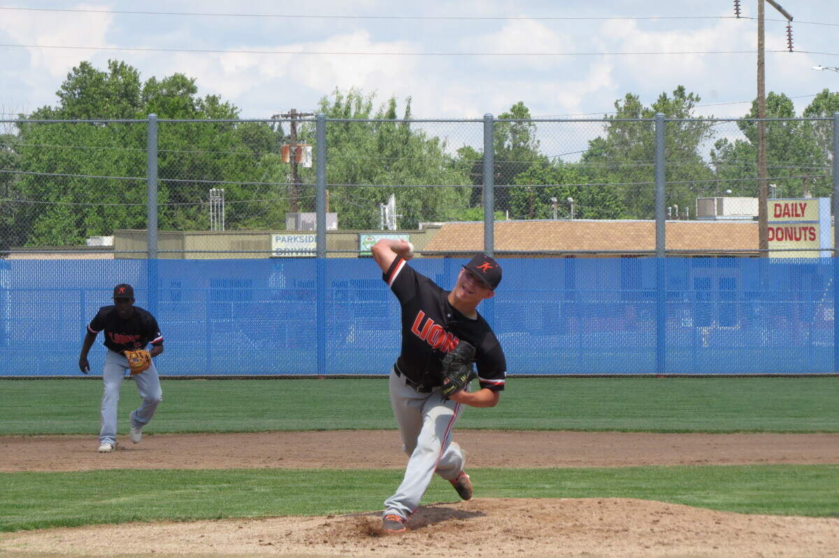 Kennewick's Trent Sellers pitches against Bainbridge on Saturday during the 3A state baseball tournament in Pasco. The Lions beat the Spartans 6-0.